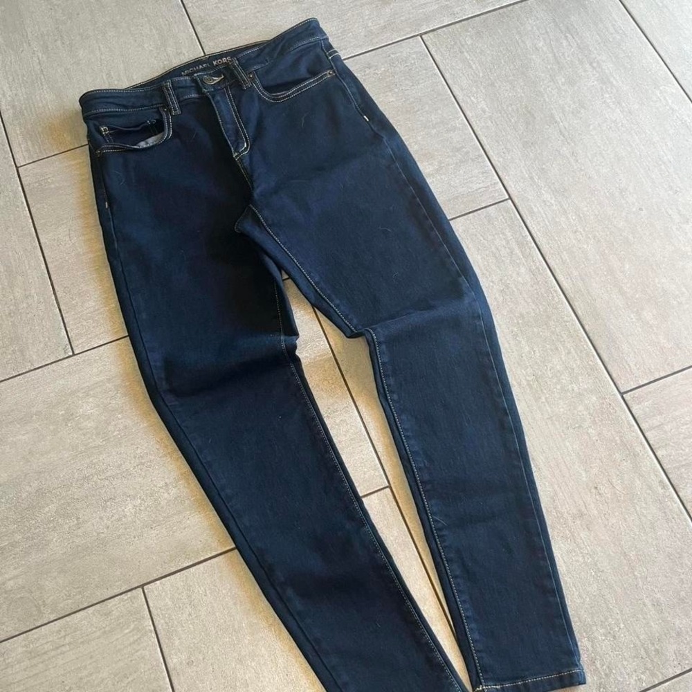 Michael Kors Izzy Skinny Jeans Womens 8 Dark Indigo Blue Stretch Denim MK Logo - Picture 2 of 6